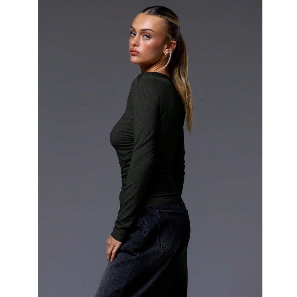 Black Ruched Asymmetric One Shoulder Long Sleeve Shirt Slim Fit Stretchy - Picture 4 of 8